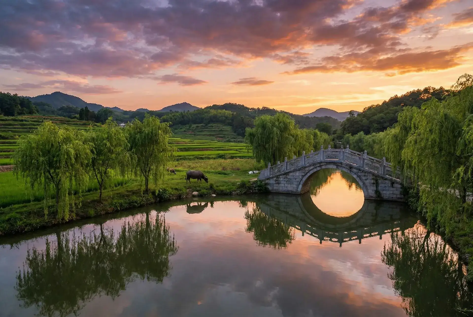 夕阳下的石拱桥与垂柳，水牛在河边吃草 - 快猫短视频网站 乡村美景